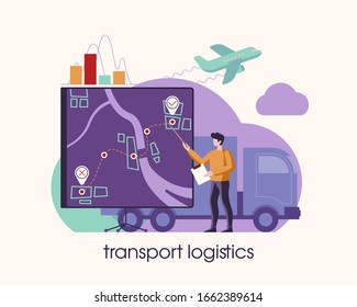 A man points a pointer to a Board with a map of the city on the river, which marked the points of transportation of goods. The background shows the sky with clouds, a truck, a flying plane, and a grap