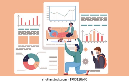 Man points to poster on background. Coronavirus treatment concept. Statistics of illnesses. Woman helping patient to treat. Prevention of spread of cold and covid-19. Girl measures temperature