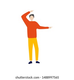 Man points to the right. Flat cartoon character isolated on white background