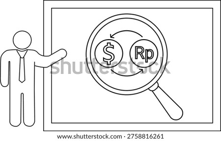 Man points to a screen showing USD and Rupiah coins under a magnifying glass