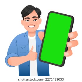 Man points to the screen of a smartphone, close-up. Sign of approval, thumbs up. Advertising of a mobile application or services, promotion of an application or website. Vector illustration isolated