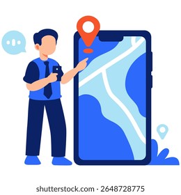 Un hombre señala un teléfono inteligente que muestra un mapa, destacando la navegación digital y la asistencia para viajar