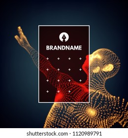 Man points to something by hand. 3d model of man. Vector illustration.