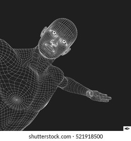 Man Points to Something by Hand. 3D Model of Man. Geometric Design. Vector Illustration. 