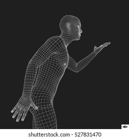 Man Points to Something by Hand. 3D Model of Man. Geometric Design. Vector Illustration.