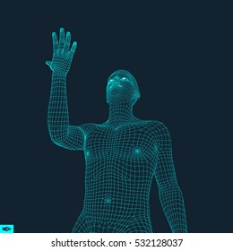 Der Mensch weist auf etwas von Hand hin. 3D-Modell des Menschen. Geometrisches Design. Vektorgrafik.