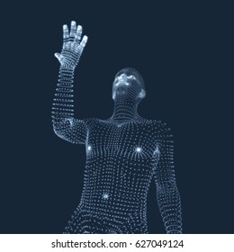 El hombre apunta a algo a mano. Modelo 3D de hombre. Diseño Geométrico. Ilustración vectorial. 