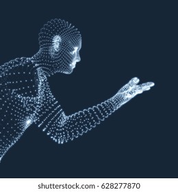 Man Points to Something by Hand. 3D Model of Man. Geometric Design. Vector Illustration. 