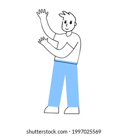 Man points to something. Hand gesture. Male character show up. Funny outline cartoon.