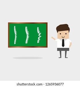 The man points to three spines on the screen. Vector Illustration Man Doctor Studying Problems Spine Patient. Doctor Uses Virtual Reality Glasses Detailed Diagnosis Projection Spine