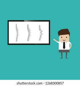 The man points to three spines on the screen. Vector Illustration Man Doctor Studying Problems Spine Patient. Doctor Uses Virtual Reality Glasses Detailed Diagnosis Projection Spine