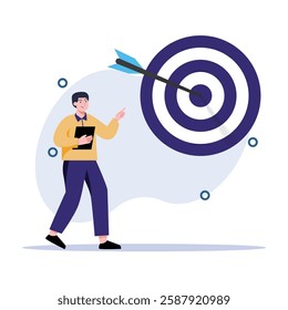 Man points towards a bullseye hit by an arrow, holding a document symbolizing goal success and strategic planning Perfect for business and achievement illustrations.