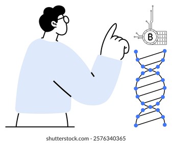 A man points towards a DNA helix with a Bitcoin symbol, signifying technologys influence on genetics. Ideal for technological advancements, genetics study, blockchain integration, digital innovation