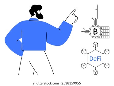 Un hombre señala símbolos que representan una criptomoneda y un concepto de finanzas descentralizadas. Ideal para blockchain, criptomonedas, DeFi (finanzas descentralizadas), educación en tecnología financiera