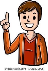 Man points up. Finger and hand gesture. Young smiling guy. Hand-drawn color illustration. Orange hoodie. Happy emotion.