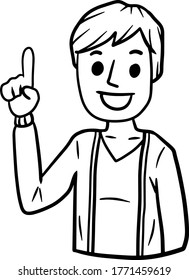 Man points up. Finger and hand gesture. Young smiling guy. Hand-drawn illustration. Happy emotion.