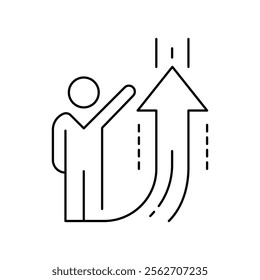 Man points to the way-arrow up. Action promotion and advertising mockup Isolated symbol sign used for: mobile, app, design, web, dev, ui, ux, gui. Vector outline icon on white. EPS 10