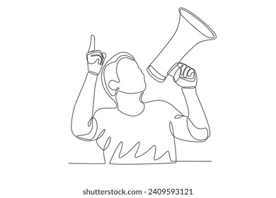 A man points up while speaking up. Speak up one-line drawing