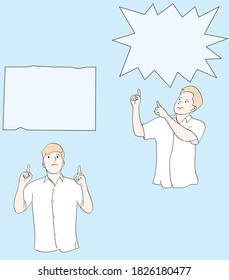 The man points to the word balloon above it. Hand drawn style vector design illustrations