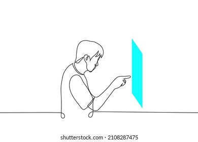 man pokes finger at blue flat screen hanging in air in front of him - one line drawing vector. virtual reality concept, visualization of infographics or touchpad control panel