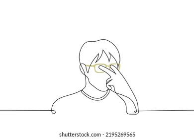 man pokes his fingers into his eyes through empty spectacle frames - one line drawing vector. concept fake glasses, metaphor to smash rose-colored glasses - face reality