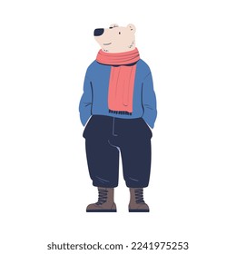 Man Polar Bear Character with Animal Head Standing Wearing Boots and Scarf Vector Illustration