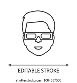 Man with polarized 3D glasses linear icon. Thin line illustration. Anaglyph glasses. Contour symbol. Vector isolated outline drawing. Editable stroke