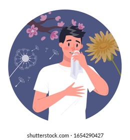 Man with polen allergy. Runny nose and watery eyes. Seasonal disease. Causes of allergy. Isolated vector illustration in cartoon style