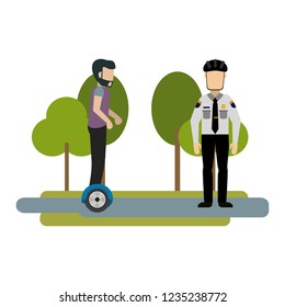 Man and police with hoverboard