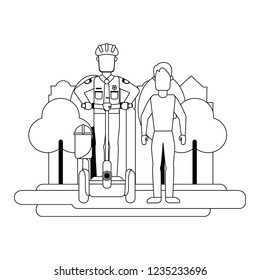 Man and police with hoverboard black and white