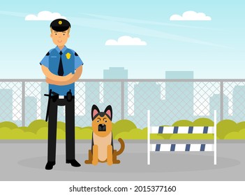 Man Police Officer or Policeman with Truncheon and Tracker Dog Vector Illustration