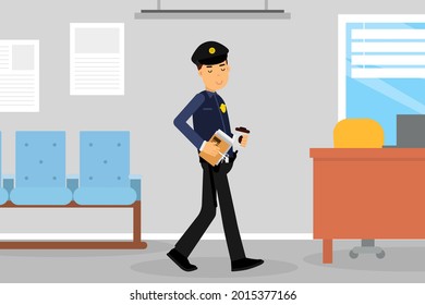 Man Police Officer or Policeman with Truncheon Holding Coffee Cup Having Lunch Break Vector Illustratio