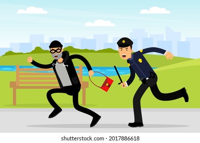 Man Police Officer or Policeman with Truncheon Chasing Thief Escaping with Stolen Handbag Vector Illustration