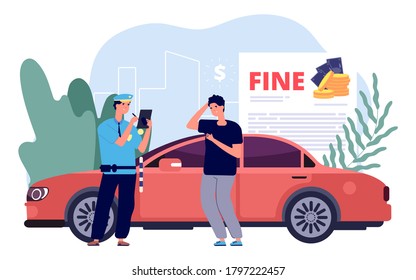 Man and police officer. Policeman writes out fine, traffic violations and improper parking. Financial losses, fines for driving vector illustration