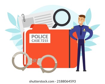 Man Police Officer Standing in Uniform Near Folder and Handcuffs Vector Illustration