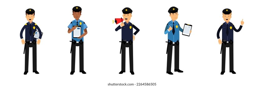 Man Police Officer in Uniform Working Performing His Duty Vector Set