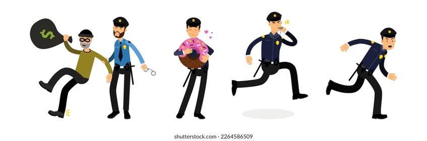 Man Police Officer in Uniform Working Performing His Duty Vector Set