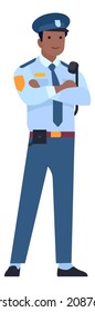 Man in police uniform crossed arms. Guard officer on duty