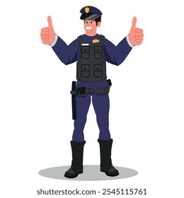 Hombre en uniforme de policía haciendo bien con las manos, pulgares arriba signo. Oficial de policía con chaleco antibalas. Ilustración vectorial.