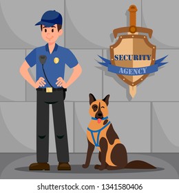 Man in Police Uniform with German Shepherd. Police Officer and Dog. Policeman with Walky Talky and K-9 Dog Cartoon Characters. Security Agency Shield Emblem with Lettering. Property Protection Banner