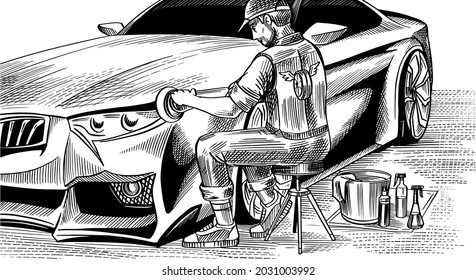 A man polishing the hood of an automobile. Auto detailing. Dry cleaning machine. Vehicle service or Automobile center. Repair Garage. Fixing Car. Hand drawn sketch line. Hatching doodle style. 