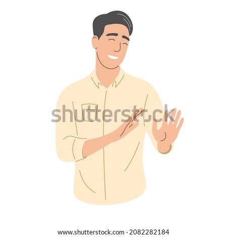 The man politely refuses the offer: "No, thank you." Flat vector illustration.