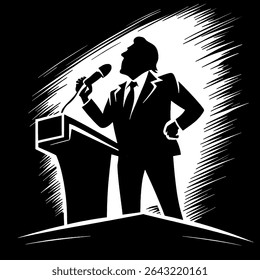 um homem, um político ou um conferencista que discursa a preto e branco.