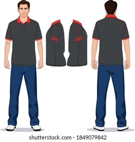 man polo t-shirt red, gray and jeans pants blue