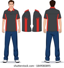 man polo t-shirt red, gray and jeans pants blue