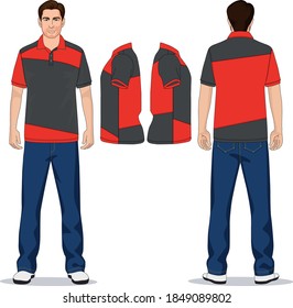 man polo t-shirt red, gray and jeans pants blue