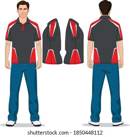 man polo t-shirt red, gray and jeans pants blue