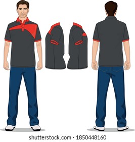 man polo t-shirt red, gray and jeans pants blue