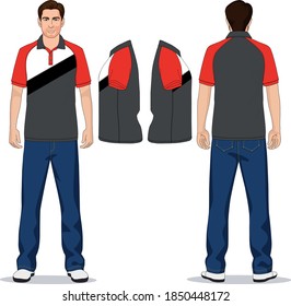 camiseta de polo de hombre rojo, gris y pantalones vaqueros azul