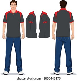 man polo t-shirt red, gray and jeans pants blue